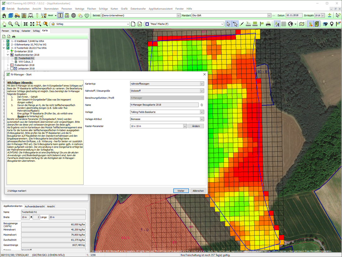 Screenshot des Moduls Teilflächenmanagement der NEXT Farming Software AG Office.