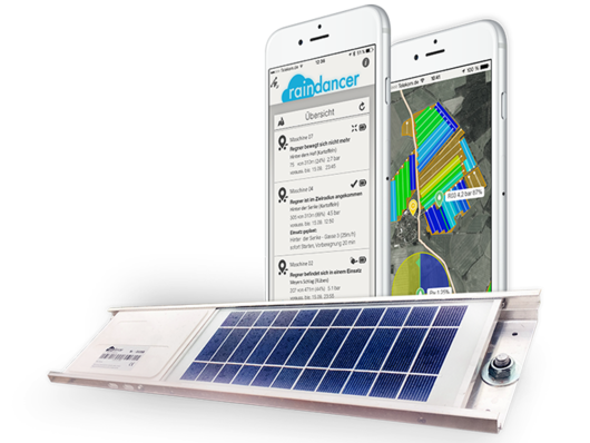 Zwei Handybildschirme mit der Anzeige der raindancer App und einem Solarpanel.