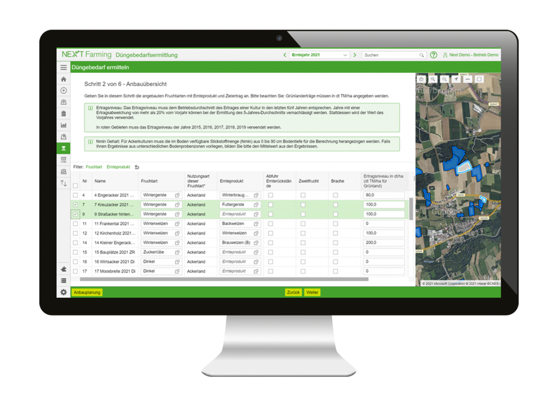 Screenshot des Moduls Düngebedarfsermittlung der NEXT Farming Software LIVE.