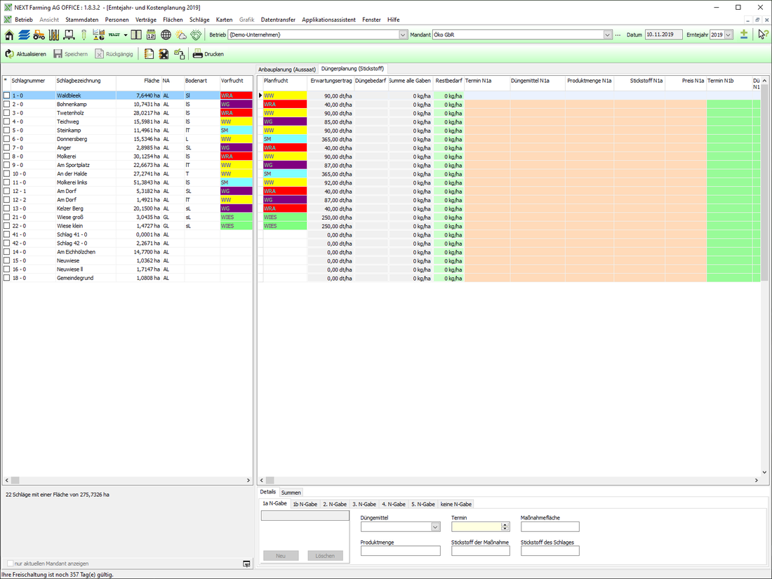 Screenshot des Moduls Erntejahr- und Kostenplanung der NEXT Farming Software AG Office.