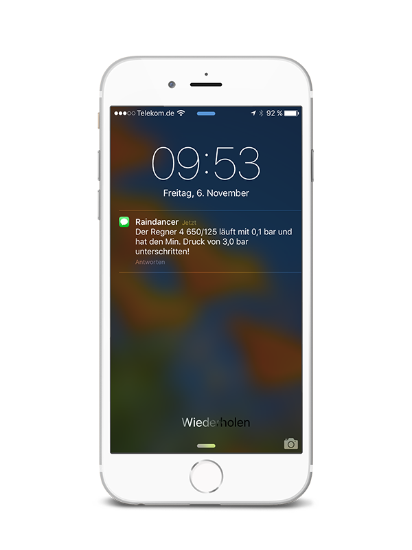 Mobile Anzeige einer SMS mit der Info "Druckabfall"