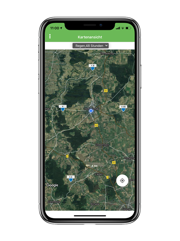 Bildschirmfoto der NEXT MobileWetter App mit einer Kartenübersicht.