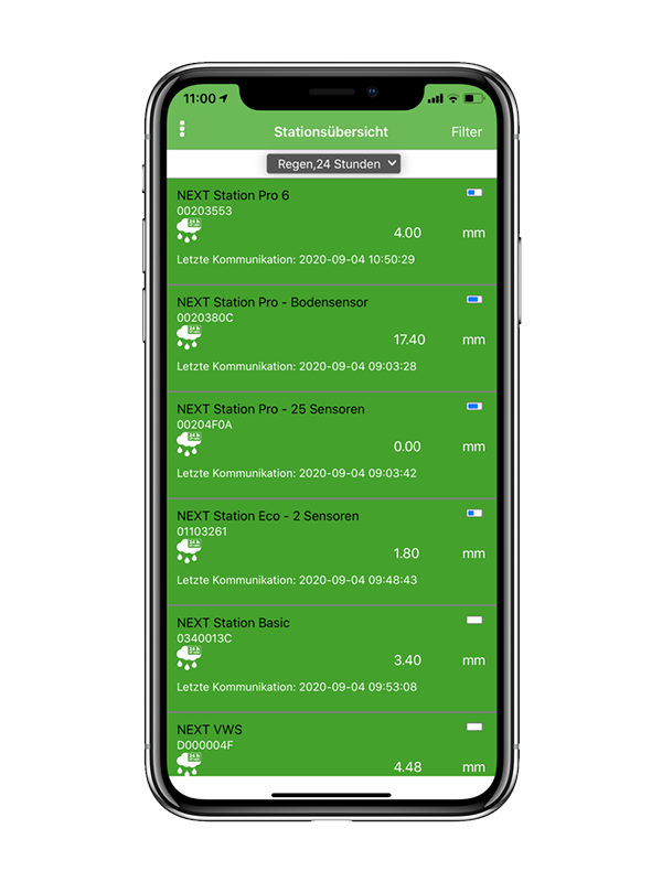 Bildschirmfoto der NEXT MobileWetter App mit der Stationsübersicht.